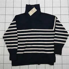 ◇ ⊇ 無印良品 MUJI ハーフジップセーター ネイビーボーダー Lサイズ レディース E  【1511100002805】