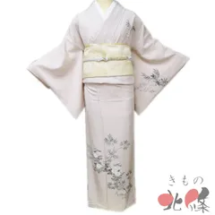 訪問着 着物 中古 正絹 袷 セミフォーマル 日本画家 水嶋征夫 手描き 植物文様 灰梅色 多色 身丈160cm 裄63.5cm M きもの北條 A1309-8