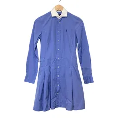 美品 POLO RALPH LAUREN ポロラルフローレン ポニー刺繡 長袖 ひざ丈 白襟 フレア シャツワンピース 0 ブルー レディース 古着 中古 USED