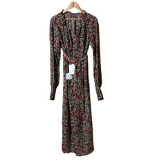 美品 IENA LA BOUCLE イエナラブークル フラワープリント 長袖 ベルテッド フレア ロングワンピース F ネイビー レディース 古着 中古 USED