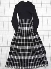 ◇ ⊇ ワンピース ブルーイースト BLUE EAST チェック柄ニット切替ワンピース ブラック系 レディース E  【1511250008856】