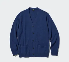 ユニクロ Vネック ラムウール カーディガン ブルー M