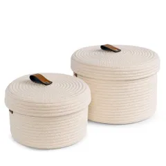 YEARONANふた付き収納バスケット化粧品収納天然コットンロープ素材抗菌洗える装飾バスケットおもちゃ収納ボックスレザーラベルハンドル収納セットオフ26X14(cm)/22X12(cm)収納ホワイト2個