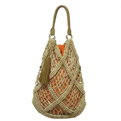 美品 THE BAGMATI ザバグマティ フリンジチャーム付き カゴトートバッグ ハンドバッグ ナチュラル オレンジ レディース 古着 中古 USED