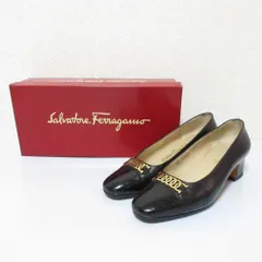 美品 Salvatore Ferragamo サルヴァトーレフェラガモ FAENZA ガンチーニ レザー クロコ型押し 切替 パンプス 5.5 D 23cm ブラック レディース 古着 中古 USED