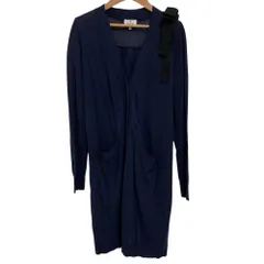 美品 LANVIN en Bleu ランバンオンブルー リボンブローチ Vネック ロング ニットカーディガン 38 ネイビー レディース 古着 中古 USED