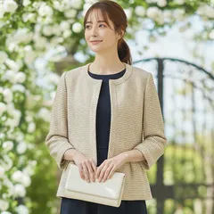 M-premier エムプルミエ ノーカラー ツィード ライトジャケット 7分袖 ベージュ 38 日本製 卒業式 入学式 結婚式 フォーマル USEDのサムネイル