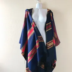 UNITED ARROWS フランス製 ネイティブ柄 ケープ風 羽織 ポンチョ フリンジ付 ネイビー系 アクリルウール 大判 ストール風 秋冬 防寒