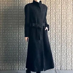 伊太利屋 アルパカモヘヤブレンドのロングコート ベルト付き スタンドカラー ハイネック フレア 裏地付き ブラック 11サイズ
