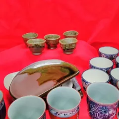 アンティーク 陶器製 陶芸品 和食器 湯呑み&おちょこ&平皿 21点まとめ 中古品 箱無し L693