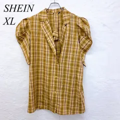 e6049 【シーイン】チェック柄ジャケット レディース XL イエロー×ブラウン系 テーラードカラー 前ボタン ストレッチあり SHEIN カジュアルコーデに