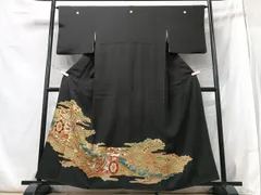 平和屋着物■豪華黒留袖　駒刺繍　雲取り御所車花文　金彩　正絹　逸品　CABB2833xe