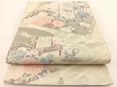 平和屋着物◎六通柄袋帯　唐織　プラチナ本銀二重織　扇取り御所車花文　正絹　逸品　BAAV7647yc