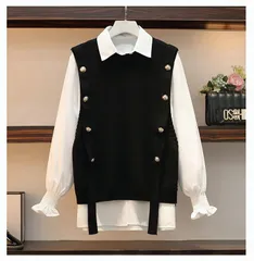 重ね着風 点セット ニットベスト シャツ レディース ニット トップス 長袖 秋冬 上着 秋冬 上 min
