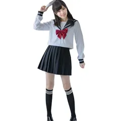 新品 [DERAYEE] セーラー服 コスプレ 前開き 女子高生 4点セット 制服スカート 学生服 仮装 JK 赤いリボン スカート ストッキング 白 紺