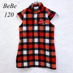 e6054【ベベ】キッズ ワンピース 120 赤×黒×白 チェック柄 ノースリーブ ハイネック ボタン&刺繍ロゴ ストレッチあり 女の子向け