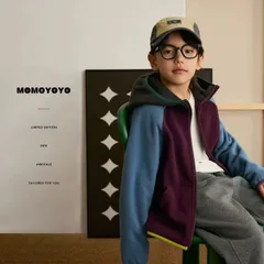 キッズ フリース ブラウン×ブルー ジャケット 抗静電 軽量 保温 防寒 もこもこ パーカー フード付き 前開き 子供用 秋冬