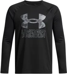 アンダーアーマー UNDER ARMOUR UAテック ハイブリッド プリントフィル ロングスリーブTシャツ 子供 ジュニア 長袖 トップス トレーニング 部活動 クラブ 運動 吸汗速乾 消臭 抗菌防臭  1380470 005 BLACK/TITANGRAY