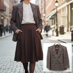 クラシカル◎上品◎【Leilian】レリアン ウール コート テーラード ジャケット アウター ダブル ハリス ツイード ブローチ レトロ 千鳥格子 ハウンドトゥース グレン チェック ブラウン レディース サイズ 9 /M39714ja