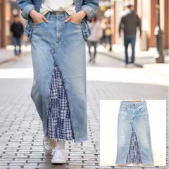 個性派デザイン◎【LEVI'S】リーバイス リメイク ロング デニム スカート ジーンズ 510-0217 ボトムス パッチワーク アップサイクル アメカジ カジュアル ライトブルー レディース サイズ 31インチ /M39712ja