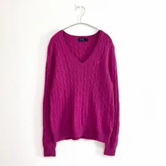 POLO RALPH LAUREN ポロ ラルフローレン　カシミヤ混 　Vネックニット ケーブルニットプルオーバー　ウールカシミヤ　セーター　PINK パープル M ロゴ刺繍　ポニーロゴ　ワンポイント　ビビットカラー　カジュアル　デニム合わせ　定番　近年　美品