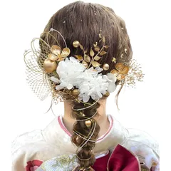 [JZOON] 髪飾り 【9色展開】 成人式 卒業式 振袖 和装 着物 袴 浴衣に 七五三 ドライフラワー 金箔 和玉 組紐 水引き かすみ草 網型飾り 専用ケース付き 白 A1106