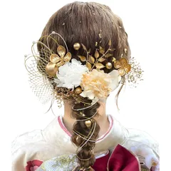 [JZOON] 髪飾り 【9色展開】 成人式 卒業式 振袖 和装 着物 袴 浴衣に 七五三 ドライフラワー 金箔 和玉 組紐 水引き かすみ草 網型飾り 専用ケース付き ゴールド A1105