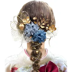 [JZOON] 髪飾り 【9色展開】 成人式 卒業式 振袖 和装 着物 袴 浴衣に 七五三 ドライフラワー 金箔 和玉 組紐 水引き かすみ草 網型飾り 専用ケース付き グレーブルー A1102