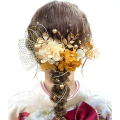 [JZOON] 髪飾り 【9色展開】 成人式 卒業式 振袖 和装 着物 袴 浴衣に 七五三 ドライフラワー 金箔 和玉 組紐 水引き かすみ草 網型飾り 専用ケース付き 秋の黄色 A1109