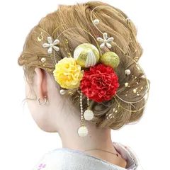 【JZOON】浴衣 髪飾り 15点セット 成人式 卒業式 振袖 和装 着物 袴 ドライフラワー 金箔 和玉 水引き パール 全9色 赤 F1101