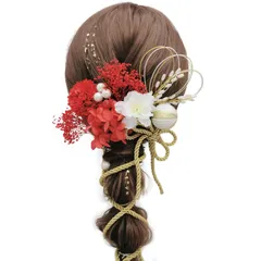 [JZOON] 髪飾り ヘアアクセサリー ドライフラワー 紫陽花 カスミソウ ピンポンマム 真珠の穂先 パール 水引 和玉 組紐 金箔 結婚式 入学式 卒業式 成人式 花火大会 着物 浴衣 袴 振袖 洋服 上品 華やか キラキラ 立体感 おしゃれ 赤