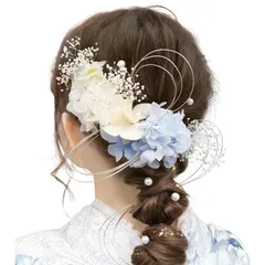 [Baramoly] 髪飾り 成人式 和装小物 卒業式 結婚式 和装 着物 袴 振袖 プリザーブドフラワー かすみ草 あじさい ヘアアクセサリー 水引 専用ケース付き ZZ303 藍 ブルー