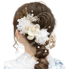 [Baramoly] 髪飾り 成人式 和装小物 卒業式 結婚式 和装 着物 袴 振袖 プリザーブドフラワー かすみ草 あじさい ヘアアクセサリー 水引 専用ケース付き ZZ300 白 ホワイト