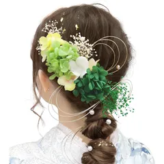 [Baramoly] 髪飾り 成人式 和装小物 卒業式 結婚式 和装 着物 袴 振袖 プリザーブドフラワー かすみ草 あじさい ヘアアクセサリー 水引 ヘッドパーツ 専用ケース付き ZZ307 緑 グリーン