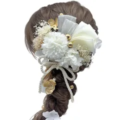 髪飾り 成人式 前撮り 二次会 卒業式 入学式 マム カスミ草 リボン ドライフラワー 振袖 袴 ウェディング 結婚式 和装 ゴールドフラワー ホワイト ピンク シルバー ロープ ヘアアレンジ ハーフアップ ロングヘア A251000901
