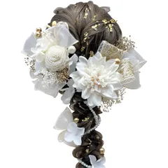 髪飾 成人式 前撮り ダリア アジサイ リボン 卒業式 入学式 カスミ草 パールチェーン ローズ ホワイト ゴールド ブラック レッド 結婚式 和装 ヘアアレンジA2511000701