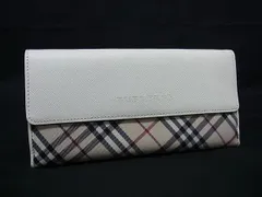 ■極美品■ BURBERRY バーバリー ナイロンキャンバス×レザー チェック柄 三つ折り 長財布 札入れ 小銭入れ アイボリー系 GA6543