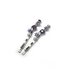 パープル お花飾り装飾 ストーン付 シルバーヘアピン 2個セット