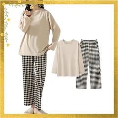 [RENPAI] パジャマ レディース 綿 100 ルームウェア 部屋着 レディース 無地 秋 春 長袖 丸首 ルーズ 肌に優しい 上下セット (JP, アルファベット, XL, アプリコット#03) 0