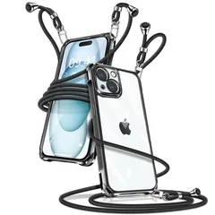 iPhone 15 Plus ケース クリア ショルダー iPhone15plus スマホケース アイフォン15plus カバー 肩掛け 斜めかけ 縄掛けケース 透明 薄型 軽量 TPU 携帯ケース 紐付き 斜めがけ 織りストラップ付き 長さ調整可能 取り外し