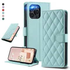 UnivoColors iPhone 14 Pro Max キルティグレザー調 手帳型ケース エレガント 高質PU マグネット開閉式 カード収納機能 スタンド機能 液晶全面保護 レンズ保護 ストラップ付属(ミントグリーン)