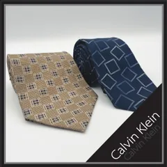 ✱Calvin Klein（カルバンクライン）✱ ネクタイ 2本セット まとめ売り シルク チェック柄 スクエア柄 ネイビー ベージュ ゴールド系 ビジネス フォーマル スーツ 紳士服 メンズ アクセサリー ブランド 卒業式 入学式 成人式 プレゼント