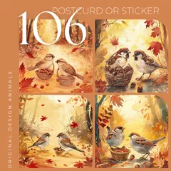 オリジナルデザイン アニマル ポストカード ステッカー マット紙 選べるタイプ 同柄 ハガキサイズ 可愛い 癒し イラスト 紙もの コラージュ スズメ 秋 鳥 自然 水彩 森 ほっこり ナチュラル 木の実