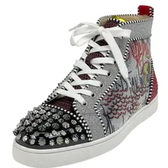 クリスチャンルブタン Christian Louboutin ロゴ ハイカット スニーカー スタッズ ラインストーン スパンコール 靴 スニーカー レザー シルバー レッド ブラック メンズ 【中古】
