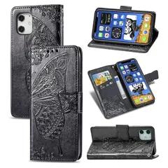 iPhone 12 miniケース 手帳型 ノートブック型 スマホケース 耐久性 摩擦耐性 携帯電話ケース バタフライ黒 カード収納