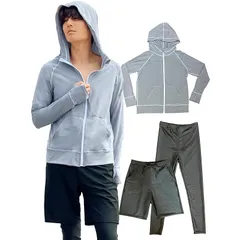 [BSQUAREZ] ラッシュガード メンズ 3点セット 水陸両用 冷感素材&UVカット生地 フード付き UPF50+ 上下セット 日焼け防止 パーカー 長袖 ジップアップ スイミング コンプレッションウェア トレーニングウェア 水着(ヘザーグレー S)