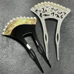 2点セットQ 簪 かんざし 髪飾り バチ型 和装小物 結婚式 着物 銀色 パール 2set-KZ006-a_KZ063