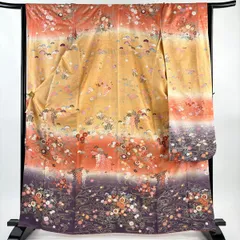 振袖 身丈165cm 裄丈64cm M 袷 秋草 流水 金彩 ぼかし オレンジ 正絹 秀品 【中古】