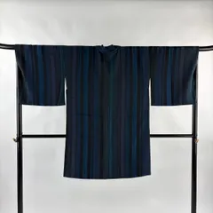 羽織 身丈98cm 裄丈67.5cm L 縦縞 鳥 濃紺 正絹 名品 【中古】