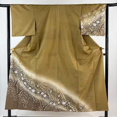 付下げ 身丈151.5cm 裄丈63cm S 袷 紬地 辻ヶ花柄 葉柄 ぼかし 茶色 正絹 名品 【中古】